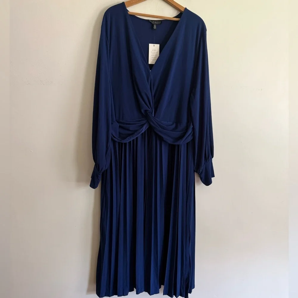 Eloquii Blue Pleated Knot Front Dress with Bishop Sleeves - Picture 2 of 8